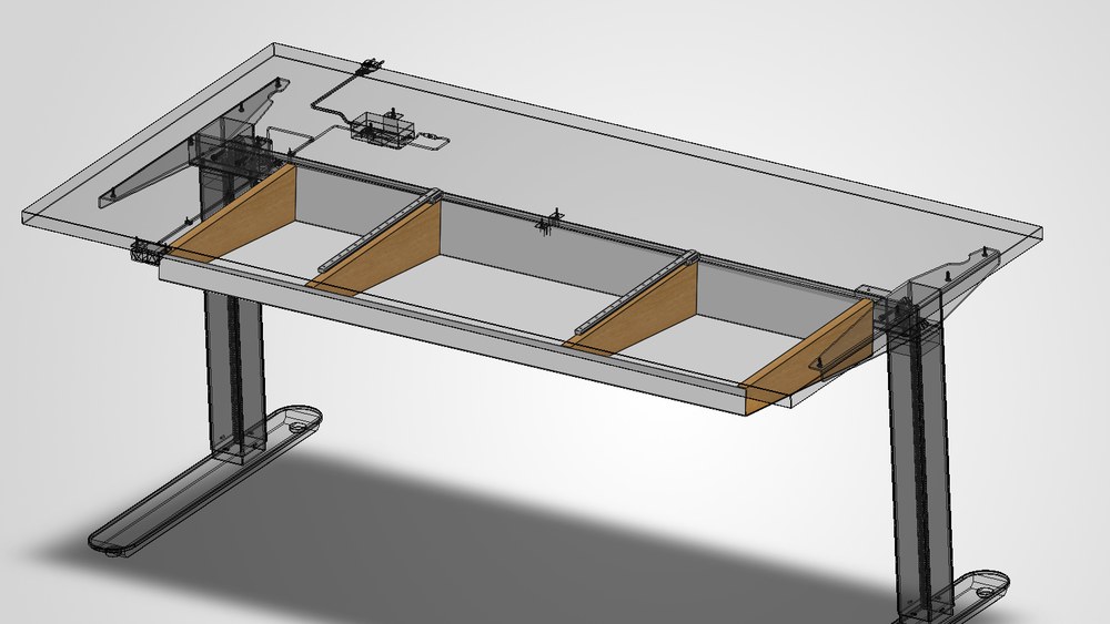 The enclosure mounted beneath a standing desk, shown with the desk ghosted so the three compartments, the oak dividers and the guide rails are visible in place.