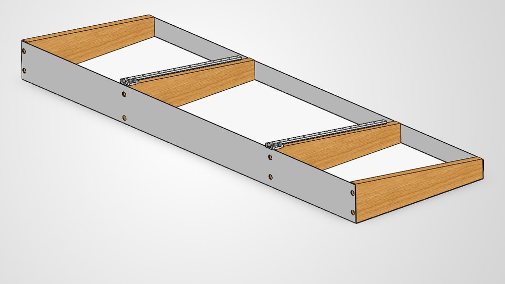 SolidWorks isometric of the enclosure carcass: a bent steel body with oak end panels and two top-mounted linear guide rails.