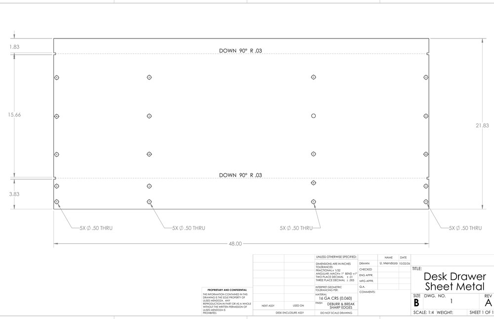 Flat pattern drawing of the sheet metal body, showing the developed blank, two bend lines with bend notes, hole callouts and a filled title block.