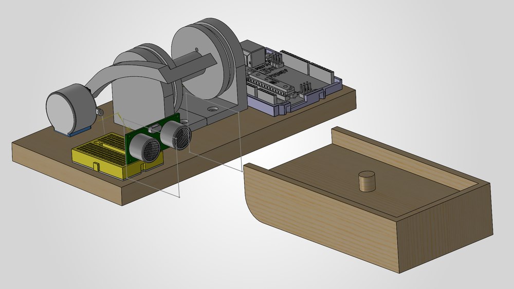 SolidWorks isometric of the sled assembly: a wooden base carrying the Arduino, breadboard, ultrasonic sensor and the spring-drum mechanism, with the wheeled sled beside it.